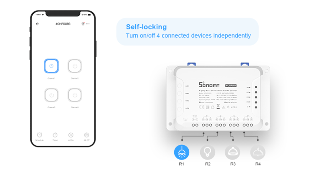 Sonoff 4CH PRO R3 Wifi Smart Switch. Connect 4 devices and switch them independently. Works via Ewelink APP. Works with Alexa and Google Home