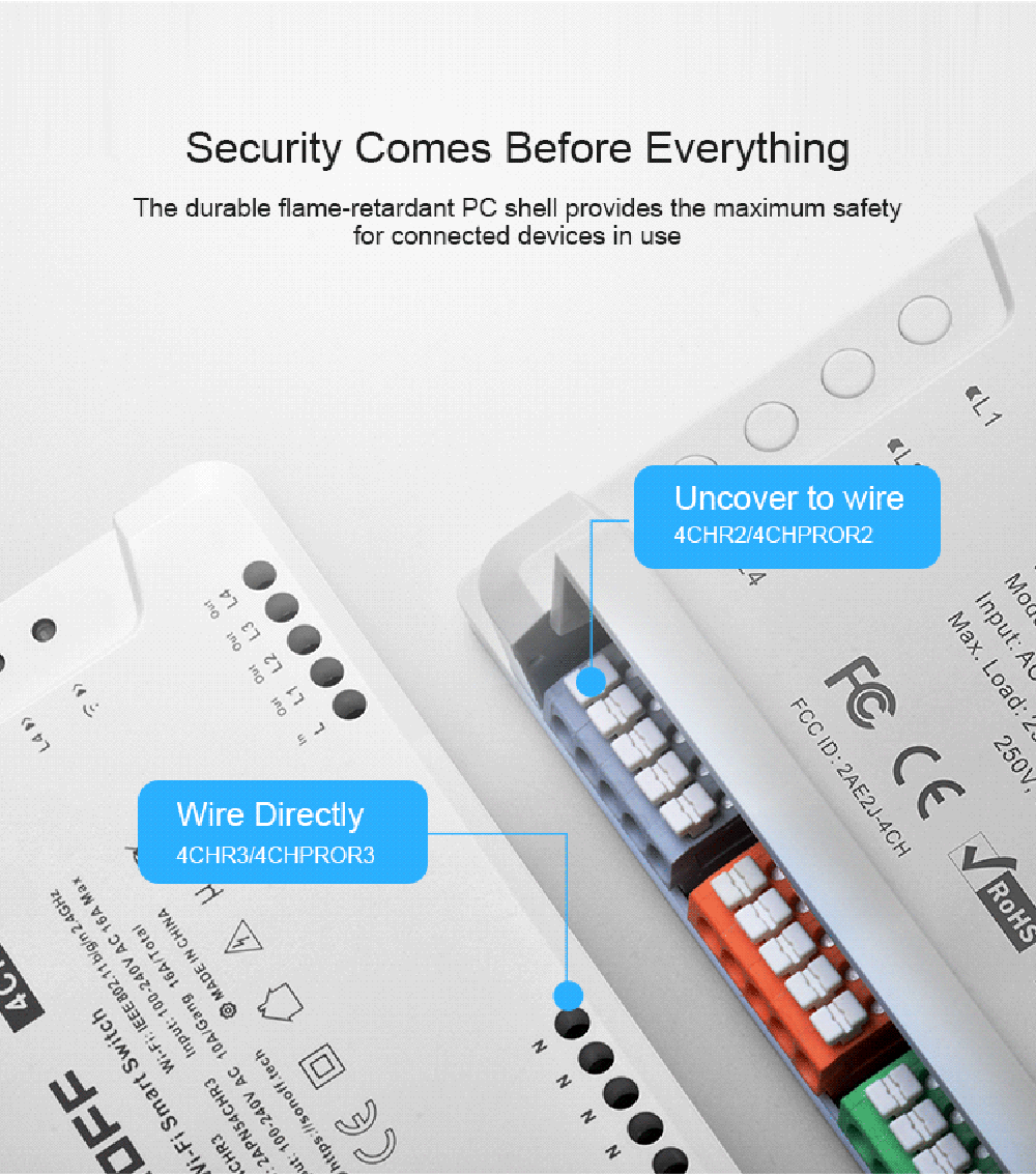 Sonoff 4CH PRO R3 Wifi Smart Switch. Connect 4 devices and switch them independently. Works via Ewelink APP. Works with Alexa and Google Home