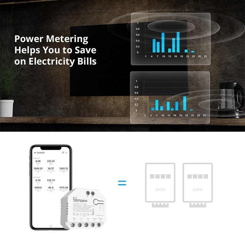 SONOFF DUALR3/R3 Lite MINI WiFi Smart Switch 2 Gang Dual Relay Module With Power Metering Via eWeLink Control. Supports Alexa, Google Home and SmartThings