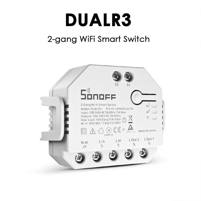 SONOFF DUALR3/R3 Lite MINI WiFi Smart Switch 2 Gang Dual Relay Module With Power Metering Via eWeLink Control. Supports Alexa, Google Home and SmartThings