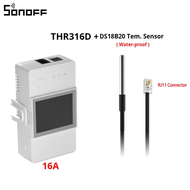 SONOFF TH Elite 16A or 20A Wifi Smart Temperature and Humidity Monitoring Switch. Add sensors THS01 or DS18b20 Sensor. Works Via eWelink App or Alexa App