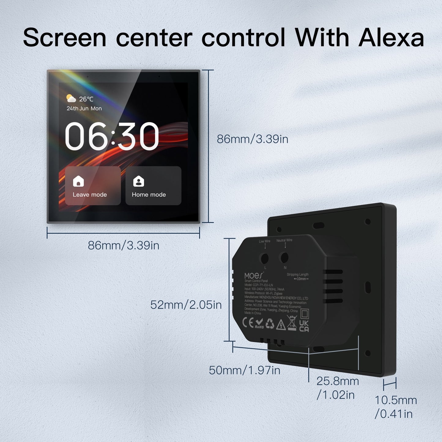 Alexa based Multi-functional Touch Screen Control Panel. 4-inch in-wall Central Control for Intelligent Scenes Smart Home. Built in Alexa. Works with Smart Life, Tuya App.
