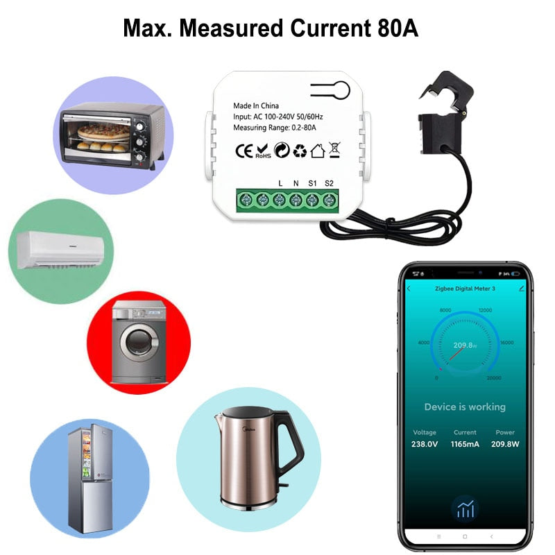Tuya Smart Life ZigBee Energy Meter 80A with Current Transformer Clamp KWh Power Monitor Electricity Statistics110V 240V 50/60Hz