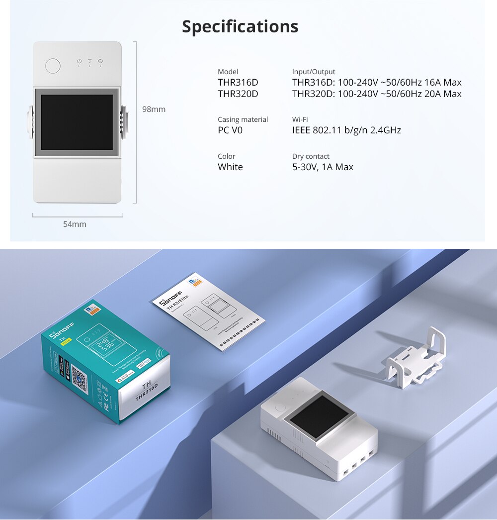 SONOFF TH Elite 16A or 20A Wifi Smart Temperature and Humidity Monitoring Switch. Add sensors THS01 or DS18b20 Sensor. Works Via eWelink App or Alexa App