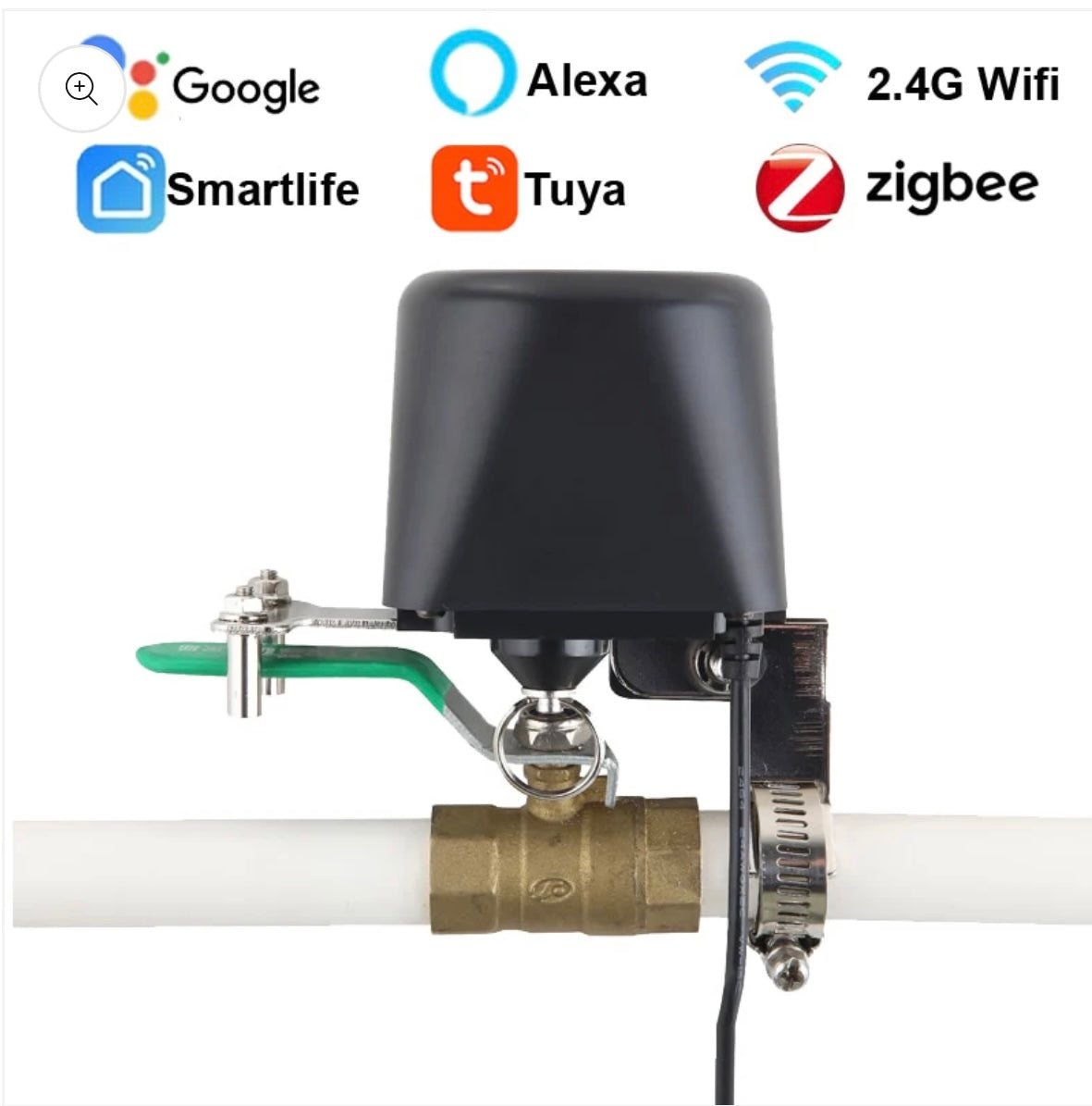 AquaSense Package - with zigbee hub. Cut off mains water supply when a water leak is detected. Contains Zigbee based motorised water valve and a water leak sensor. Works with HayMacs Aquasense, eWelink App, Smart Life