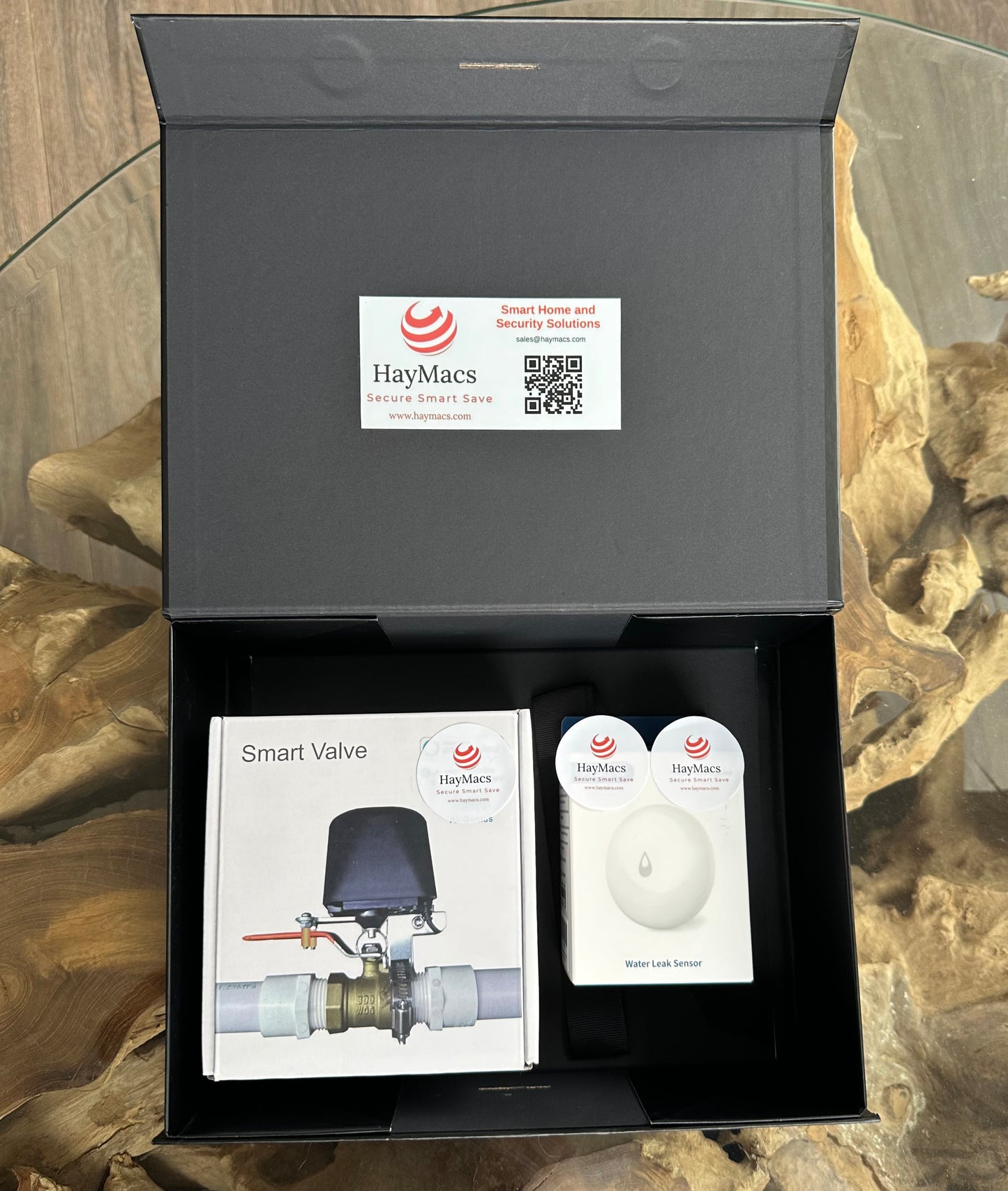 AquaSense Package. With UK installation.  No Hub version. Cut off mains water supply when a water leak is detected. Contains Zigbee based motorised water valve and a water leak sensor. Works with HayMacs Aquasense, eWelink App, Smart Life.