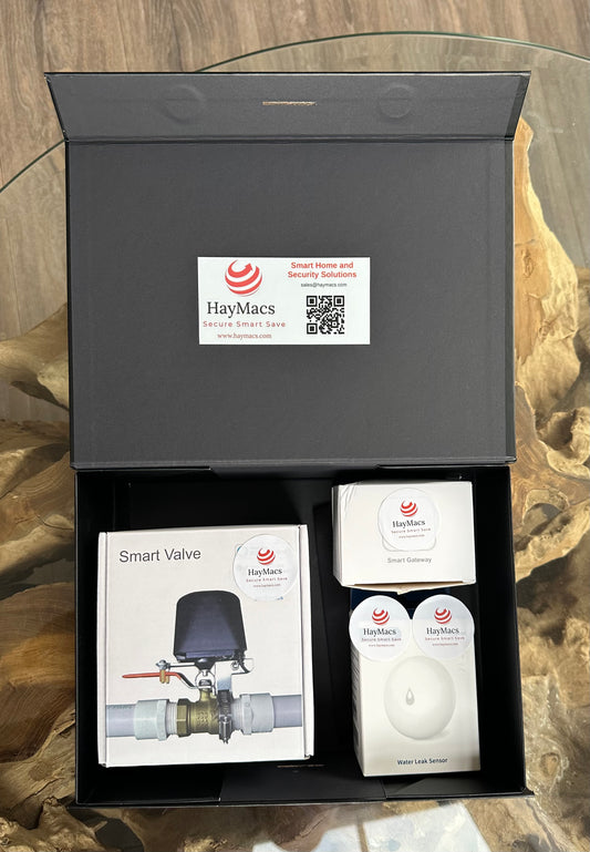 AquaSense Package - with zigbee hub. Cut off mains water supply when a water leak is detected. Contains Zigbee based motorised water valve and a water leak sensor. Works with HayMacs Aquasense, eWelink App, Smart Life