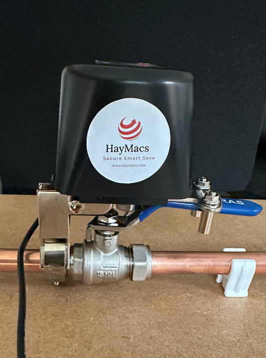 AquaSense Package. With UK installation.  No Hub version. Cut off mains water supply when a water leak is detected. Contains Zigbee based motorised water valve and a water leak sensor. Works with HayMacs Aquasense, eWelink App, Smart Life.