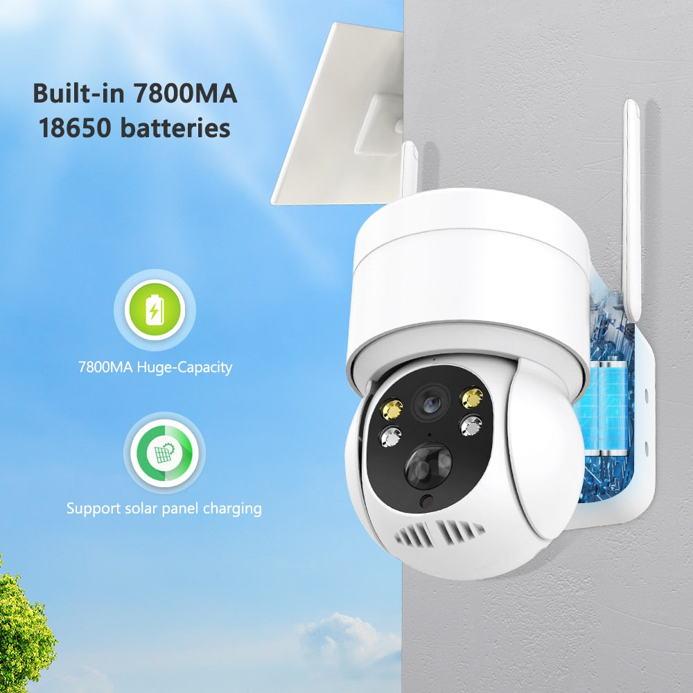 Solar Camera. Wifi Outdoor 1080P PIR Human Detection Wireless Surveillance IP Cameras with Solar Panel and in-built 7800mAh Rechargeable Battery