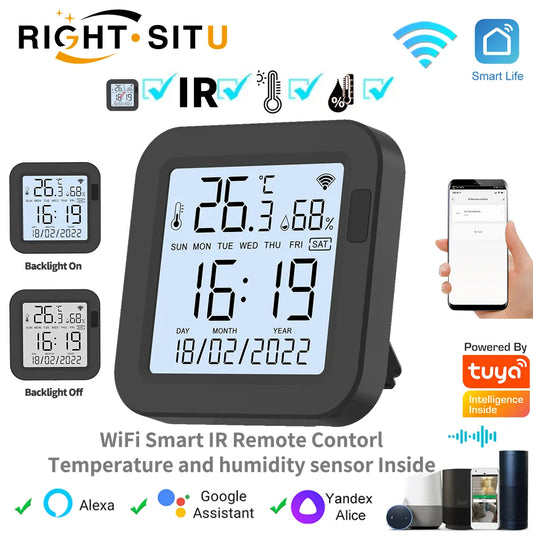 Tuya Remote Control for IR. WiFi Universal IR Controller with Temperature, Humidity and Sensor Blacklight Screen. Control many devices from your Mobile Phone. Works with Alexa, SmartLife, Tuya