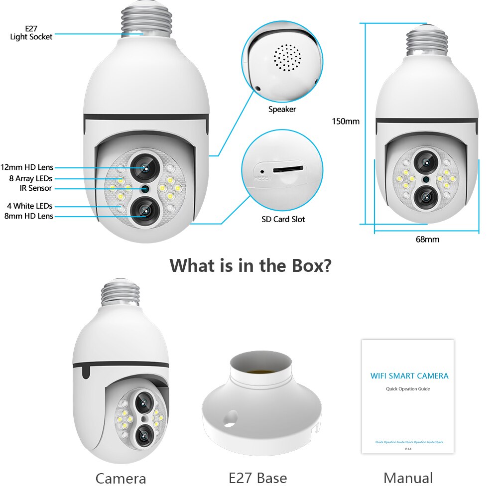 Dual Lens E27 Bulb Surveillance Camera. WIFI 360 Auto Tracking, 360 PTZ IP Camera, Colour Night Vision IP Security CCTV. Includes Storage card - please select storage size option.