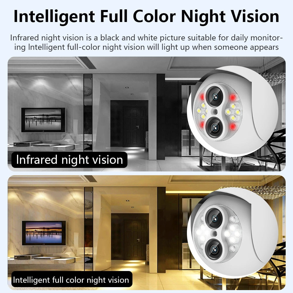 Dual Lens E27 Bulb Surveillance Camera. WIFI 360 Auto Tracking, 360 PTZ IP Camera, Colour Night Vision IP Security CCTV. Includes Storage card - please select storage size option.