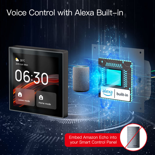 Alexa based Multi-functional Touch Screen Control Panel. 4-inch in-wall Central Control for Intelligent Scenes Smart Home. Built in Alexa. Works with Smart Life, Tuya App.