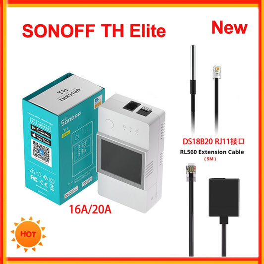 SONOFF TH Elite 16A or 20A Wifi Smart Temperature and Humidity Monitoring Switch. Add sensors THS01 or DS18b20 Sensor. Works Via eWelink App or Alexa App