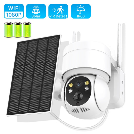 Solar Camera. Wifi Outdoor 1080P PIR Human Detection Wireless Surveillance IP Cameras with Solar Panel and in-built 7800mAh Rechargeable Battery