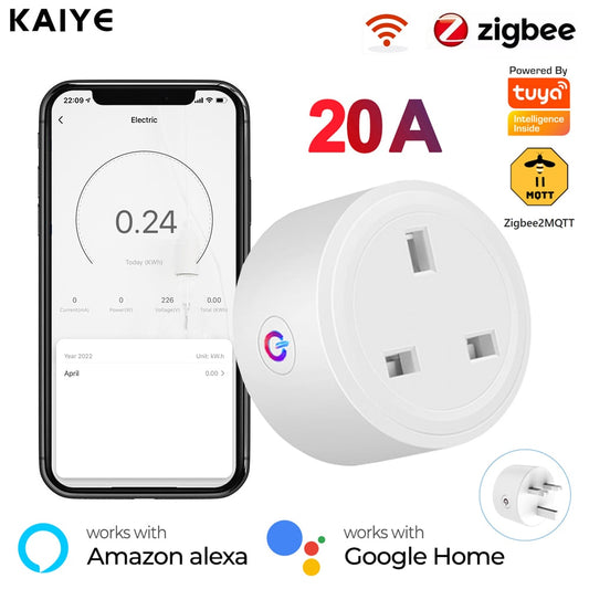 Tuya 20A Zigbee Smart Plug UK Socket Power Plug. Mini Home Wireless Outlet with Energy Monitor Compatible with Alexa, Google Home