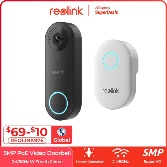 Reolink 2K+ Video Doorbell WiFi Smart Outdoor Home Video Intercom Human Detection Wired Door Bell PoE with Chime Support Alexa. UK Plug or EU Plug Available.